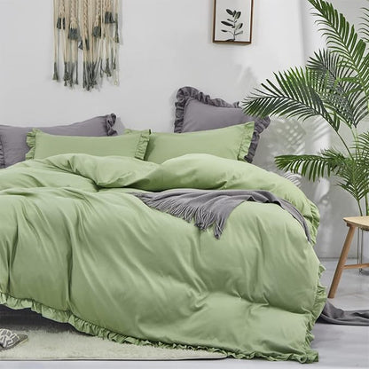 CLOTHKNOW Green Ruffles Queen Comforter Set Farmhouse Bedding Comforter Sets Soft Sage Green Comforter with 2 x Pillow Cases
