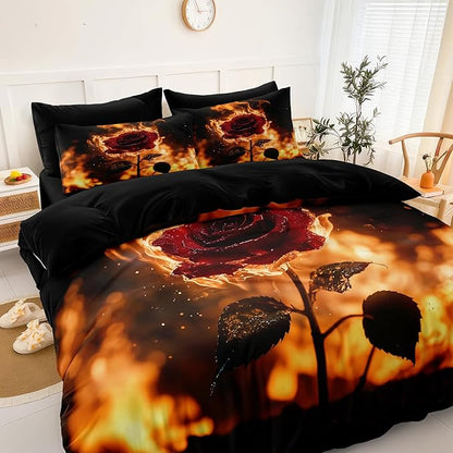 Black Red Comforter Set Fire Rose Romantic Bedding Set Red Rose Flower Floral Orange Flame Bedding Love Couple Comforter Black King Bed in A Bag