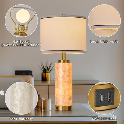 AIDENOEY 26" Modern Art Glass Table & Bedside Lamp, Stepless Dimmable Base + Dimmable 3-Color Light, USB A/C Charging Ports, Touch Control & Switch for Bedroom, Living Room, Office, Study