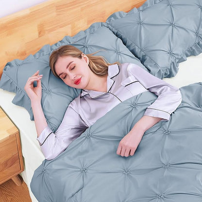 JOLLYVOGUE Light Blue/Ivory Cal King Size Comforter Sets 7 Pieces, Pintuck Bed in a Bag Comforter Set for Bedroom, Bedding Comforter Sets with Comforter, Sheets,Ruffled Shams & Pillowcases