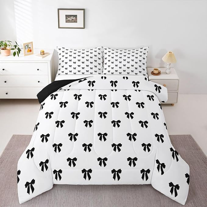 Erosebridal Black Bow Comforter Set King Size Coquette Bows Bedding Set for Kids Teen Girls Women Bedroom Cute Preppy Bowknot Comforter Modern Trendy Girly Aesthetic Quilt Duvet