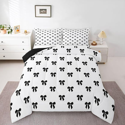 Erosebridal Black Bow Comforter Set King Size Coquette Bows Bedding Set for Kids Teen Girls Women Bedroom Cute Preppy Bowknot Comforter Modern Trendy Girly Aesthetic Quilt Duvet