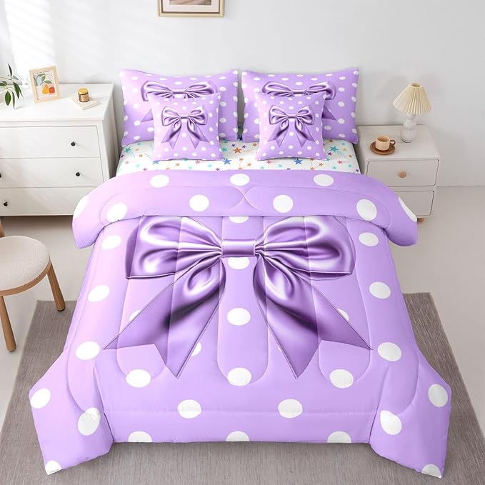 Feelyou Purple Bowknot 7 Piece Bedding Set Polka Point Comforter Set with Sheets for Kids Boys Girls Cute Bow Bed in a Bag Princess Theme Bed Set Soft Lightweight