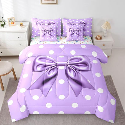 Feelyou Purple Bowknot 7 Piece Bedding Set Polka Point Comforter Set with Sheets for Kids Boys Girls Cute Bow Bed in a Bag Princess Theme Bed Set Soft Lightweight