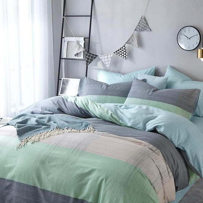HighBuy Green Blue Stripe Comforter Set for Full Size Bed,Comfy Soft Geometric Bedding Comforter Full Bed Set 3 Piece with 2 Pillowcases,Hotel Fluffy Boho Bedding Set,All Season,Teen Boy