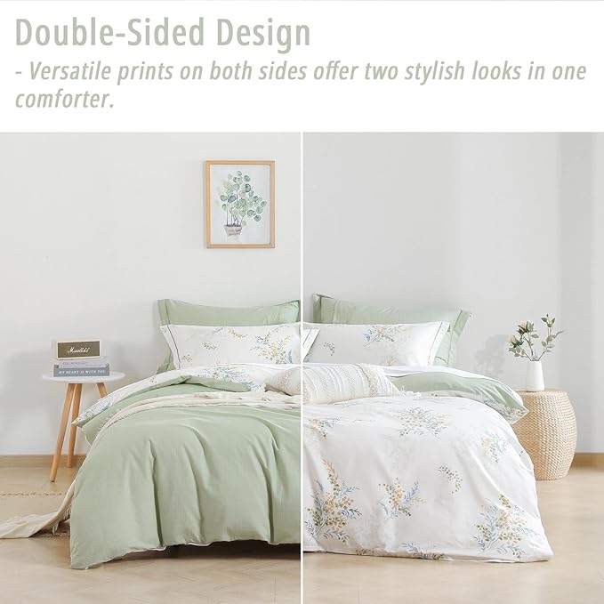 White Cotton Comforter King Size 3Pcs - Blue Branches & Orange and Green Buds on White, Chevron Sage Green Back, Reversible Lightweight Bedding Sets with Soft Fill(King, 104"×90")