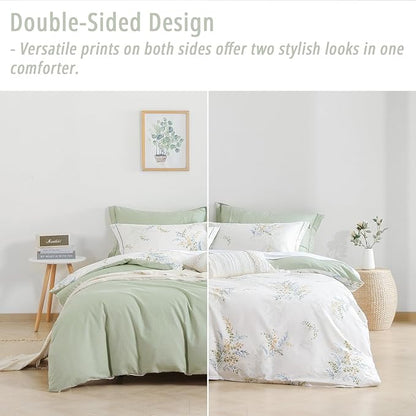 White Cotton Comforter King Size 3Pcs - Blue Branches & Orange and Green Buds on White, Chevron Sage Green Back, Reversible Lightweight Bedding Sets with Soft Fill(King, 104"×90")