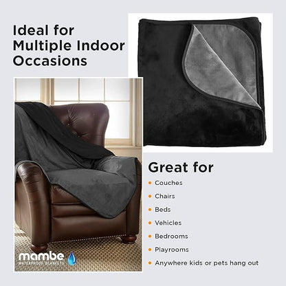 Mambe Silky Waterproof Throw for Protecting Furniture Bed Couch from Stains Caused by Dogs, Cats, Incontinence. Soft, Washable, Reversible. (Size Long/Sofa 70x120 inches, Color Black/Charcoal)