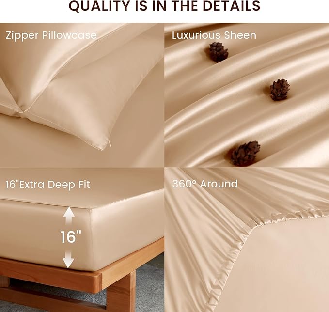 THXSILK Luxury Mulberry Silk Fitted Sheet Set 3 Pcs, Full Silk Bed Sheet Set with 16" Deep Pockets, Soft & Cooling Sheets, 1 Fitted Sheet, 2 Pillowcases with Zipper Closure - Champagne