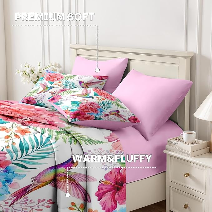 Nesker 7 Pcs Spring Comforter Set King Size, Hummingbird Floral Bedding Set for Kids and Adults, Pink Tropical Botanical Bed Sheet Sets with Fitted Sheet 2 Pillowcases & 2 Shams