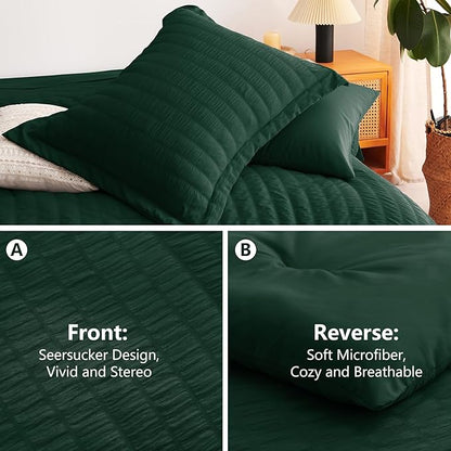 CozyLux Queen Comforter Set Emerald Green Seersucker 7 Pieces Bed in a Bag Queen Comforter Set with Sheets, Luxury Soft Bedding Set with Down Alternative Comforter, Sheets, Pillowcases & Shams