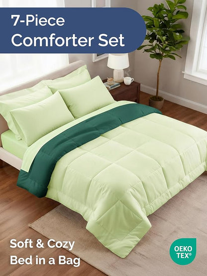 Full Comforter Set - 5 Piece Bed in a Bag Full Size Bed Set - Down Alternative Comforter, Flat Sheet, Fitted Sheet, Pillowcase & Shams for All Seasons - Soft, Comfy & Breathable - Light Sage/Emerald
