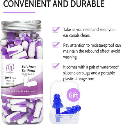 LYSIAN Ultra Soft Foam Ear Plugs Sleeping-Noise Cancelling Earplugs 38dB SNR - Sleep Ear Plugs Noise Reduction for Snoring, Mowing, Shooting Sound Block,Double Color Purple/White