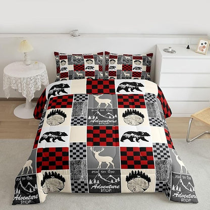Boys Hunting Deer Quilt, Rustic Cabin Lodge Comforter Set Wildlife Bear Bedding Set Twin Size, Western Country Farmhouse Wooden Board Down Comforter With 1 Pillow Case, Rustic Gifts For Mom
