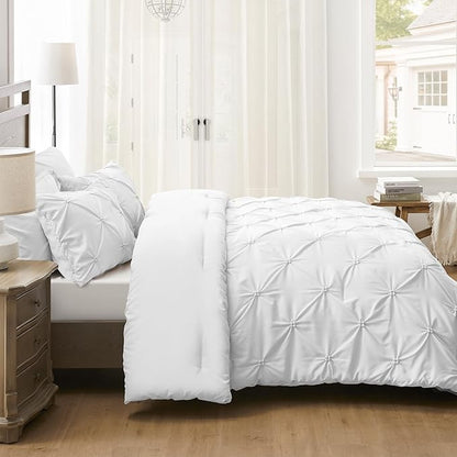 UNIKOME King Size Comforter Set White - Ultra Soft Boho Pintuck Down Alternative Bedding Set for All Seasons, 3 Pieces Lightweight Warm Pinch Pleat Bed Set with Comforter, 2 Pillowcases