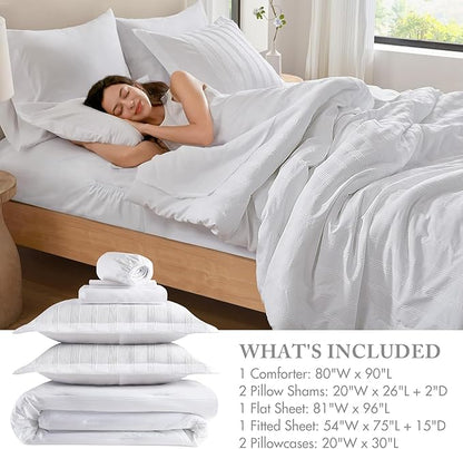 Madison Park Essentials Striped Comforter Set Full, 7 Pieces Modern Minimalist Jacquard Bedding Set for All Season, Bed in A Bag with Sheet Set and Soft Brushed Reverse, Lightweight White