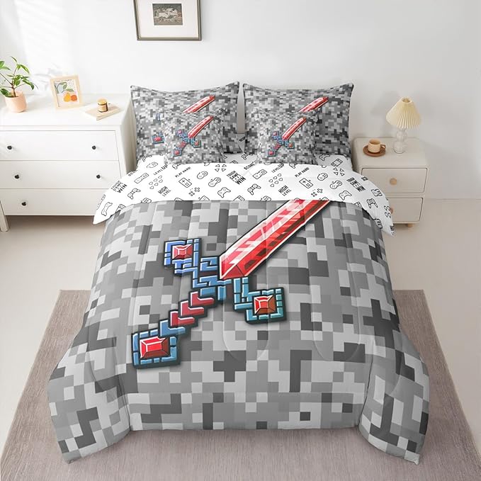 Castle Fairy Red Blue Sword 7 Piece Comforter Set Queen Size,Geometric Grey Grid All Season Reversible Bed in a Bag Miner Theme Bedding Sets Pixel Video Games Flat Sheet,Fitted Sheet,Pillowcases