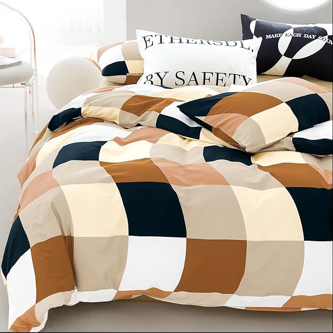 CLOTHKNOW Plaid Comforter Set California King Brown White Grid Bedding Comfrter Sets Beige Black Checkere Bedding Sets Geometric Comforter