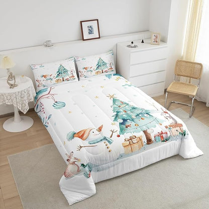 Cute Snowman Bedding Set Queen Size,Cartoon Rabbit Christmas Tree Comforter Set 3Pcs for Kids Girls Boys Teens Room Decor,Merry Christmas Quilt Set Winter Snowflake Duvet Insert,2 Pillowcases