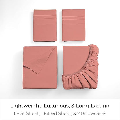Mellanni Queen Sheets Set - 4 PC Iconic Collection Bedding - Hotel Luxury, Extra Soft, Cooling Bed Sheets - Wrinkle, Fade, Stain Resistant (Queen, Coral)