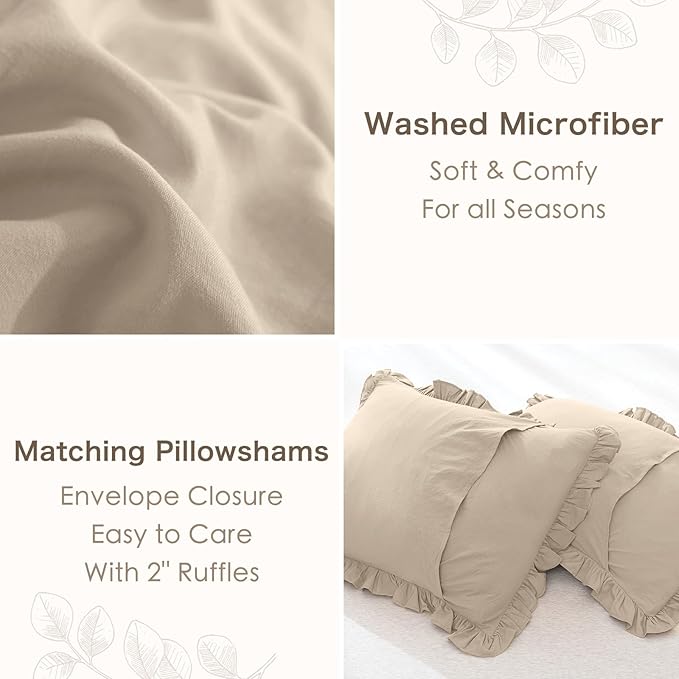 Masaca Ruffled Comforter Set Queen,3-Piece Farmhouse Shabby Boho Chic Bedding,Ultra Soft Linen Feel Textured Bed Comforter Set (1 Ruffle Comforter+2 Pillow Shams)