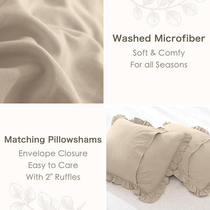 Masaca Farmhouse King Size Comforter Set,Shabby Boho Chic Bedding Ruffled Linen Feel Textured King Bed Comforter Vintage Rustic French Country Bedding Sets 3 Pieces