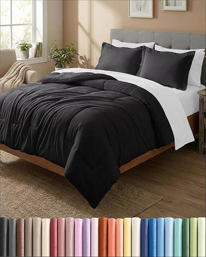 Full Comforter Set - 3 Piece Bed Set for All Seasons - 1 Soft Quilted Comforter with Corner Tabs & 2 Pillow Shams - Comfy, Cozy & Breathable - Premium Down Duvet Insert - Oeko-TEX - Full Size, Black