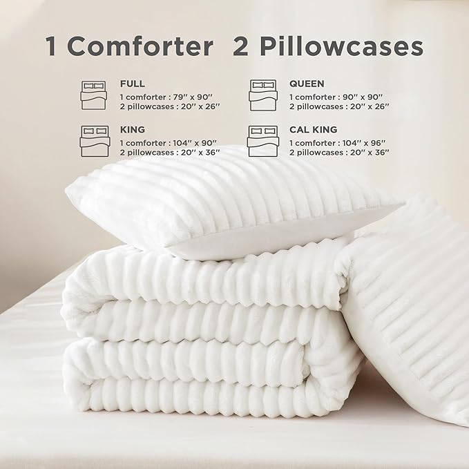 Andency Full Size Comforter Set, White Fluffy 3 Pieces, Super Soft Warm Fleece Faux Fur Bedding Set, Luxury Fuzzy Heavy Bed Set for Winter (1 Comforter & 2 Pillowcases)