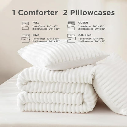 Andency Full Size Comforter Set, White Fluffy 3 Pieces, Super Soft Warm Fleece Faux Fur Bedding Set, Luxury Fuzzy Heavy Bed Set for Winter (1 Comforter & 2 Pillowcases)