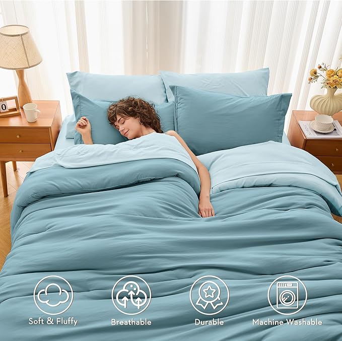 MUXHOMO 7 Pieces King Comforter Set, Soft Bed in a Bag King Size, All Season Bedding Set with Comforter, Flat Sheet, Fitted Sheet, Pillowcases & Shams, Mineral Blue & Light Blue