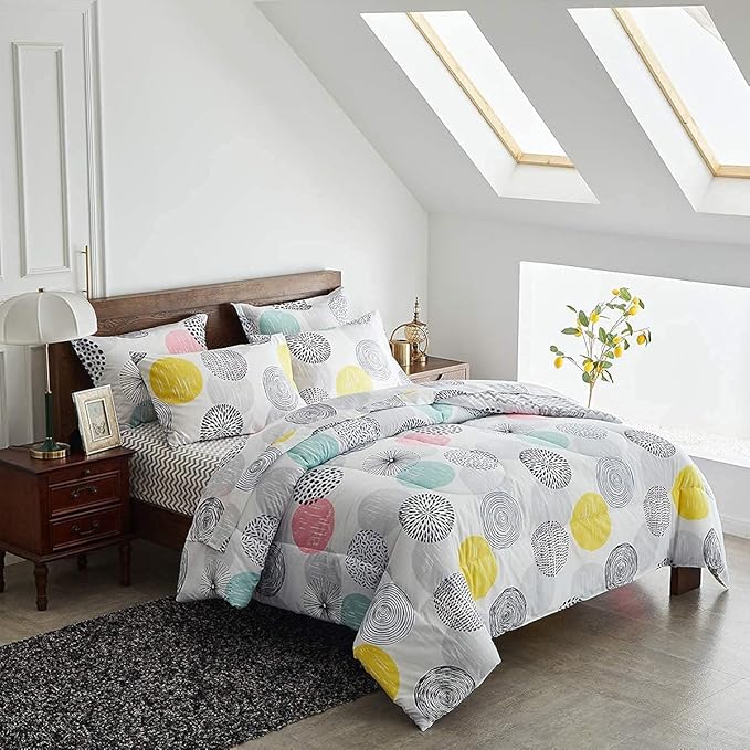 6 Pieces Comforter Sheet Set Twin Size Bed in a Bag - Colorful Dots Style - Soft Microfiber, Spring Soft Bedding Set (1 Comforter, 2 Pillow Shams, 1 Flat Sheet, 1 Fitted Sheet, 1 Pillowcases)