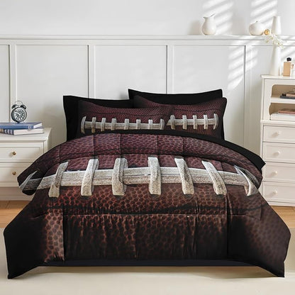 Nesker 7 Pcs Comforter Set King Size, Sports Ball Bedding Set for Kids and Adults, Boy Rugby Brown Bed Sheet Sets with Fitted Sheet 2 Pillowcases & 2 Shams