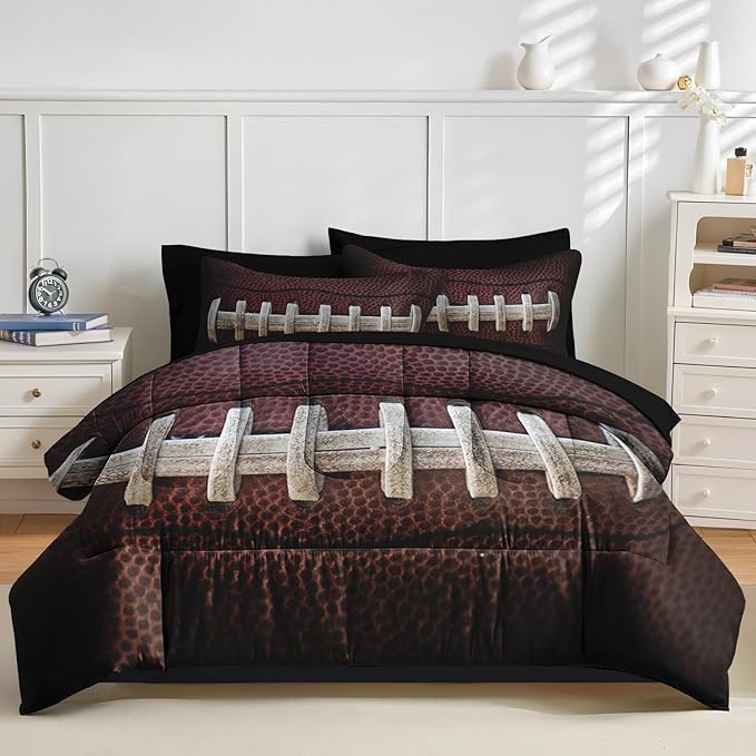 Nesker 5 Pcs Comforter Set Twin Size, Sports American Football Bedding Set for Kids and Adults, Boy Rugby Brown Bed Sheet Sets with Fitted Sheet Pillowcases & Shams