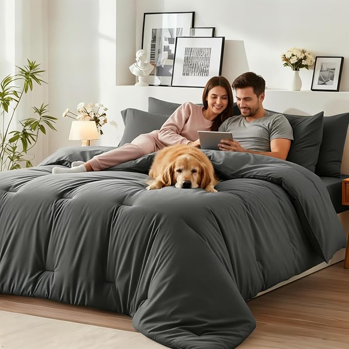 King Size Comforter Set 7 Pieces - Soft Bed in a Bag King Bed Set, Cozy Luxury Bedding Sets with All Season Comforter, Flat Sheet, Fitted Sheet, 2 Pillowcases & 2 Shams, Dark Gray