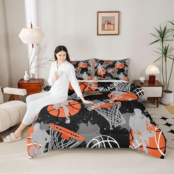 Erosebridal Sports Comforter Sets for Kids Boys Teens,King Size Black Basketball Bedding Set,3D Basketball Player Comforter Duvet Set,Ball Game Printed Quilt Set with 2 Pillowcases Warm