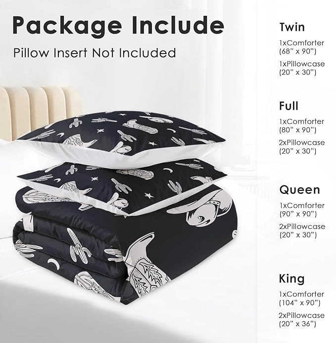 Comforter Set King Size, Western Cactus Cowboy Soft 3 Pcs Bedding for Kids and Adults, Boho Cowgirl American Comforter Set with Pillowcase, for Bedroom Bed Decor