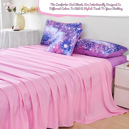 PERFEMET Full Size Bedding Sets for Girls, 6-Piece Colorful Rainbow Comforter Set with Sheets, Tie Dye Fluffy Kids Bed-in-a-Bag, Glitter Ombre Teen Girl Bed Sets (Purple Pink, Full)