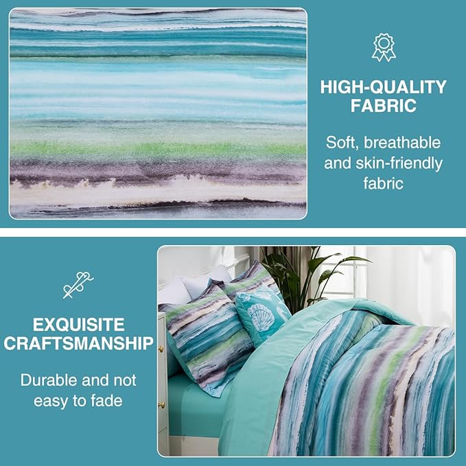 Holawakaka Beach Stripe Bedding Sets 6 Pieces, Aqua Coastal Striped Comforter Set King Size All Season Geometric Bed Set, Nautical Bed in a Bag with Comforter, Sheets and Shams