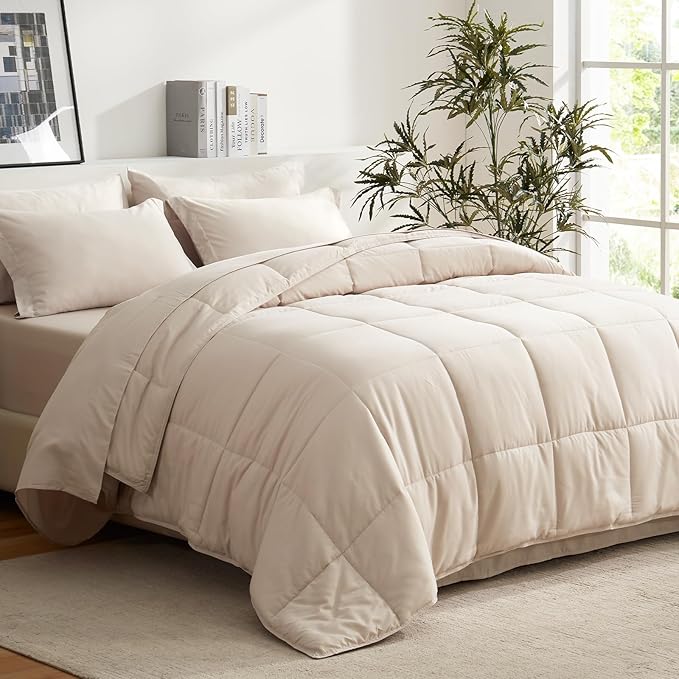 COZYART Full Comforter Set 7 Pcs, Beige Bed in a Bag, All Season Lightweight Soft Reversible Bedding Sets, 1 Comforter, 1 Flat Sheet, 1 Fitted Sheet, 2 Pillow Shams, 2 Pillowcases