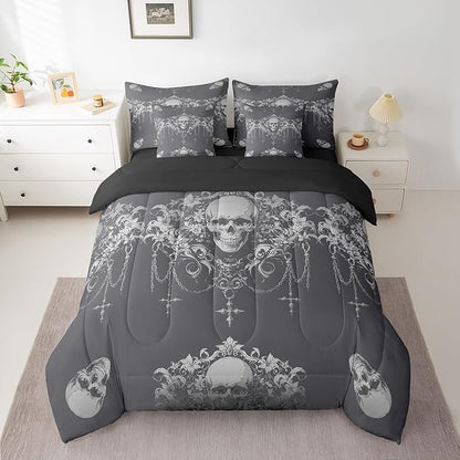 Erosebridal Gothic Bed in a Bag Queen Comforter Set 7 Piece,Goth Sugar Skull Bedding Set,Grey Sliver Damask Bohemian Vintage Floral Comforter and Sheet Set,Exotic Antique Victorian Baroque Decor
