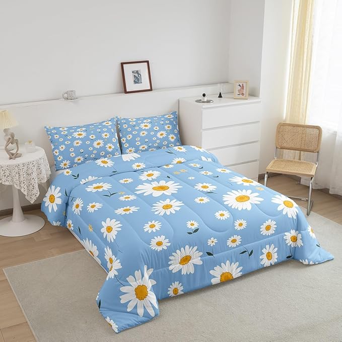 Manfei White Daisy Comforter Set King Size, Botanical Garden Artwork Quilt Set with 2 Pillowcases, Plants Theme Floral Bedding Set 3pcs for Kids Girls Room Decor Lightweight Duvet Insert