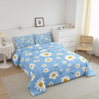 Manfei White Daisy Comforter Set King Size, Botanical Garden Artwork Quilt Set with 2 Pillowcases, Plants Theme Floral Bedding Set 3pcs for Kids Girls Room Decor Lightweight Duvet Insert