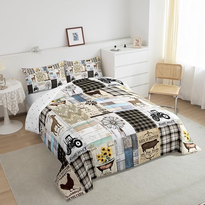 Patchwork Western Rustic Full Bedding Set Farmhouse Black White Buffalo Plaid Bedding Comforter Sets Retro Country Farm Animal Quilt Set For Kids Boys Girls,Windmill Pig Chicken Cow Comforter 3 Pcs