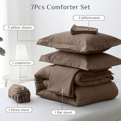JOLLYVOGUE Full Comforter Set, Ultra-Soft Bed in a Bag Full Size 7 Pieces, Oeko-TEX Certified Bedding Set with Down Alternative Comforter, Sheets, Pillowcases & Shams, Brown