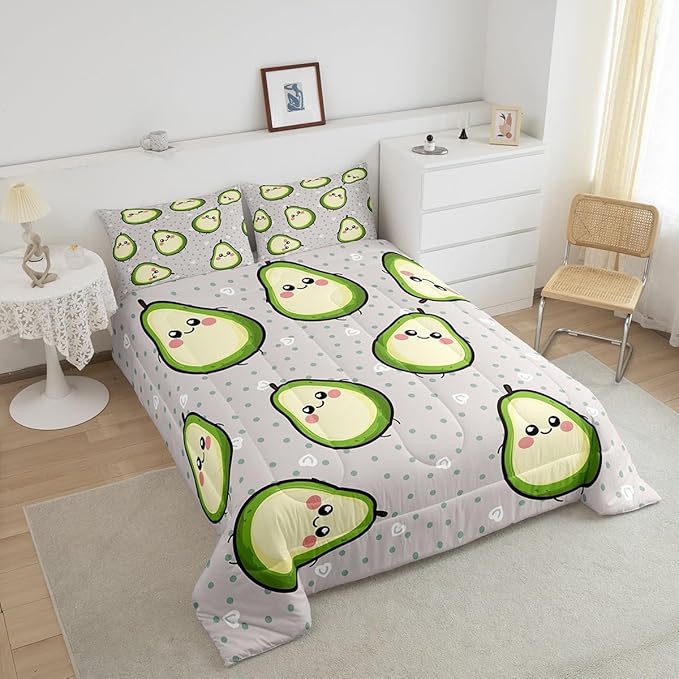 Erosebridal Avocado Comforter Set for Kids Boys Girls Green Yellow Avocado Bedding Set Twin Size Cartoon Avocado Decor Soft Warm Fruits Food Duvet Set Kawaii Cute Down Comforter Ultra Lightweight