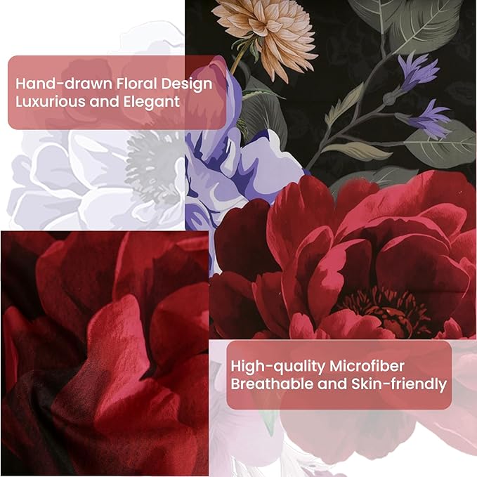 WONGS BEDDING Black Comforter Set King Size, 7 Pieces Floral Bed in a Bag Set, Luxury Red Flower Bedding Set, Soft Microfiber for All Season with Pillowcases & Shams,Sheets(90"×104")