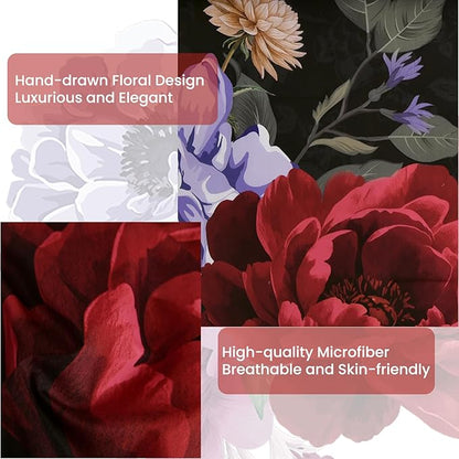 WONGS BEDDING Black Comforter Set King Size, 7 Pieces Floral Bed in a Bag Set, Luxury Red Flower Bedding Set, Soft Microfiber for All Season with Pillowcases & Shams,Sheets(90"×104")