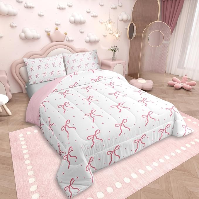 Erosebridal Girls Pink Bowknot Bedding Set Queen Size, Girly Bows Cartoon Comforter Set for Kids Teens Women Bedroom, Dreamy Princess Down Comforter, Princess Galaxy Stars Quilt with 2 Pillowcases