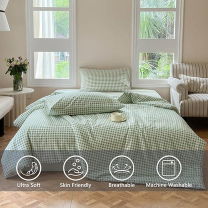 NSNLGSGC Sage Green Gingham Cotton Comforter Set King, 100% Washed Cotton Green Plaid Checked Comforter Bedding, 3 Pieces Vintage Farmhouse Grid Bedding Set(Sage Green Gingham, King)