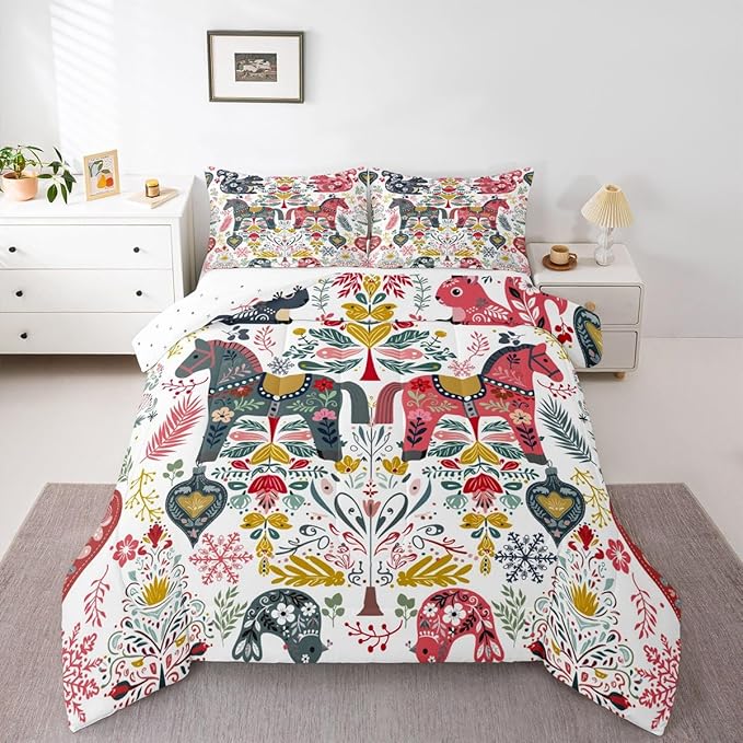 Scandinavian Horse Comforter Set Twin Size,Rustic Farmhouse Floral Bedding Sets 2Pcs for Kids Girls Boys Women Room Decor,Bird Squirrel Duvet Insert Christmas Style Down Comforter,1 Pillowcase